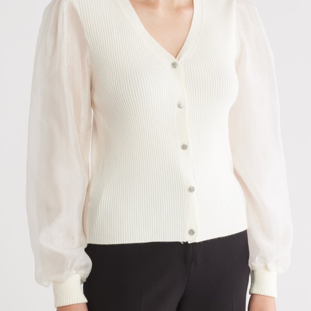 Chic Cream V-Neck Sweater with Sheer Sleeves